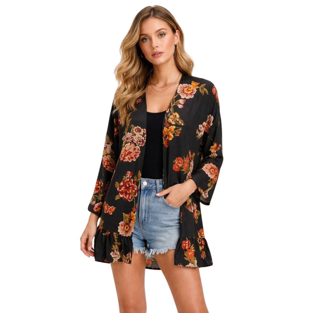 Zara Basic Floral Kimono Jacket Open Front Ruffle Hem Black Multicolor M L